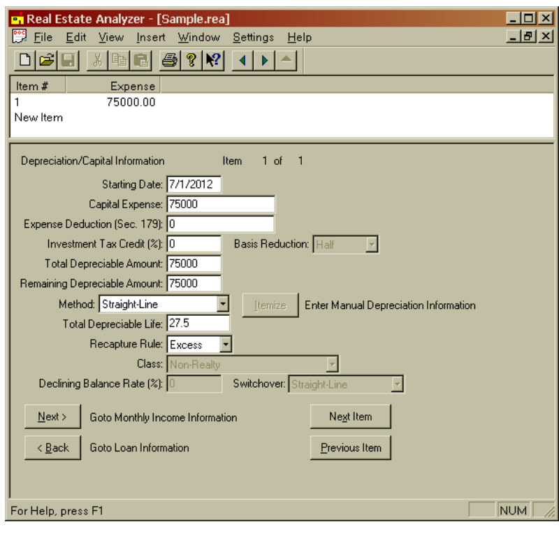 Click here to Depreciation/Capital Information screen